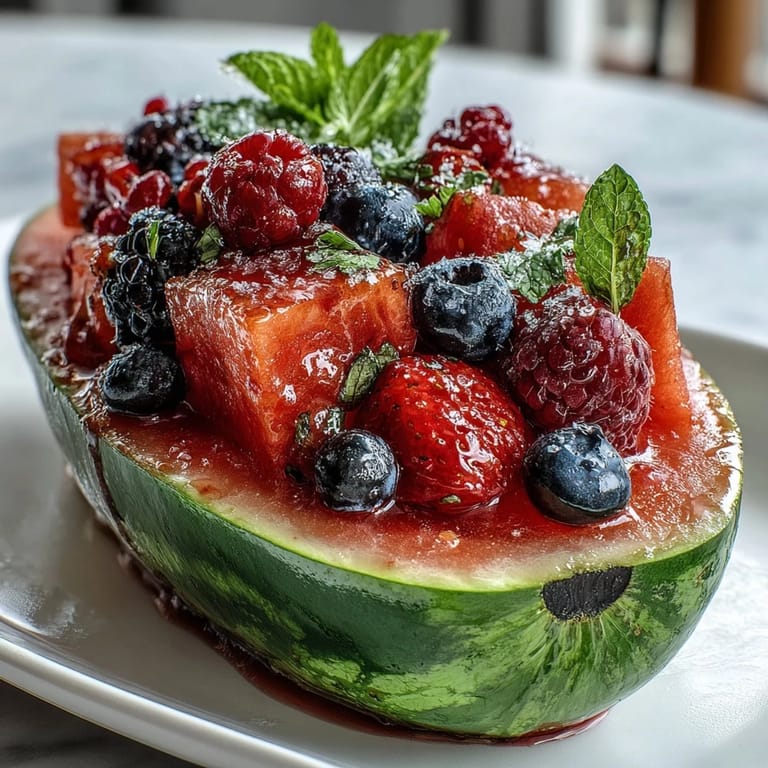 Chilled watermelon carving stuffed with mixed berries and mint, a refreshing and healthy fruit centerpiece for summer celebrations.