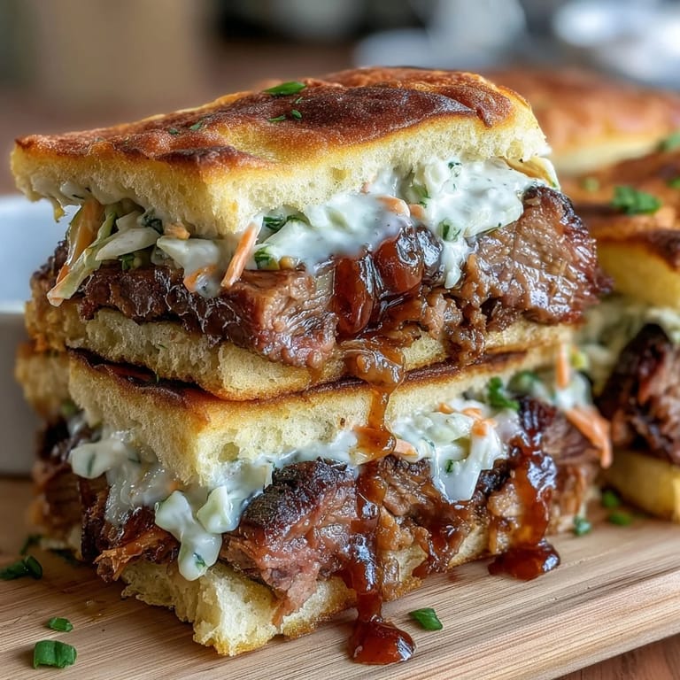 3. Tender smoked brisket sliders layered with zesty BBQ sauce, creamy slaw, and toasted buns—ideal for celebrations and family gatherings.