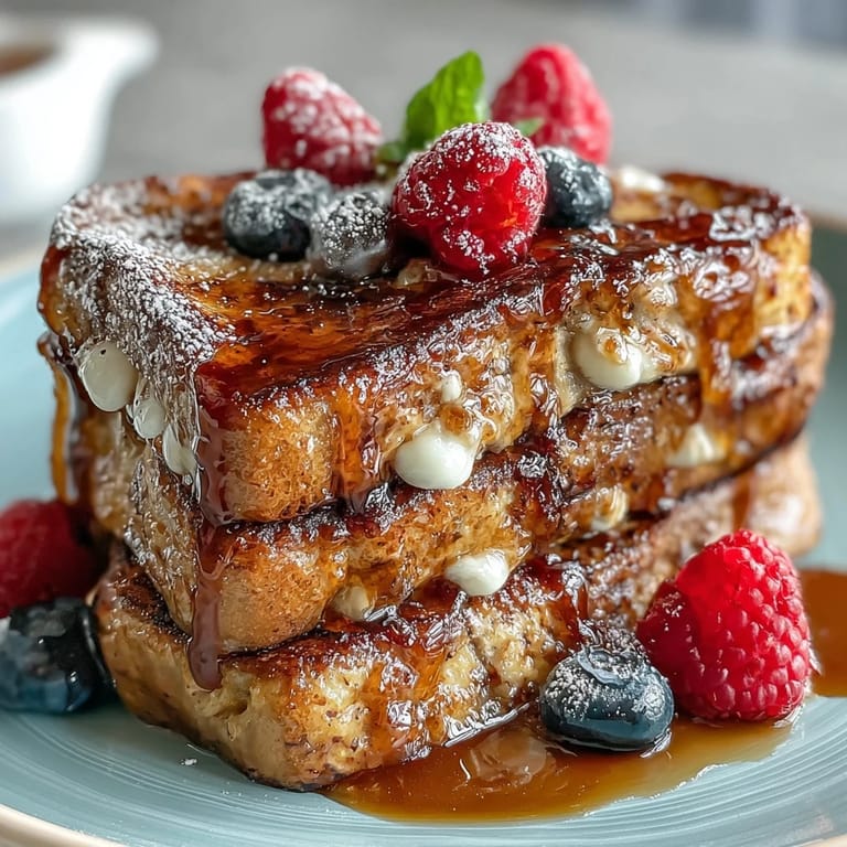 Golden-brown pancake slices baked with juicy mixed berries and a silky vanilla custard, ideal for celebrating Mom.