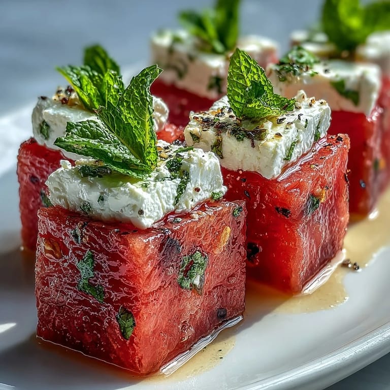 Elegant watermelon feta mint skewers arranged on a platter, combining sweet melon, savory cheese, and aromatic mint for a crowd-pleasing appetizer.