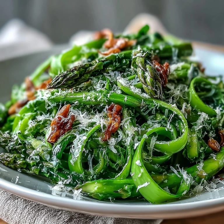 Tender asparagus ribbons mixed with zesty lemon dressing and topped with shaved Parmesan.