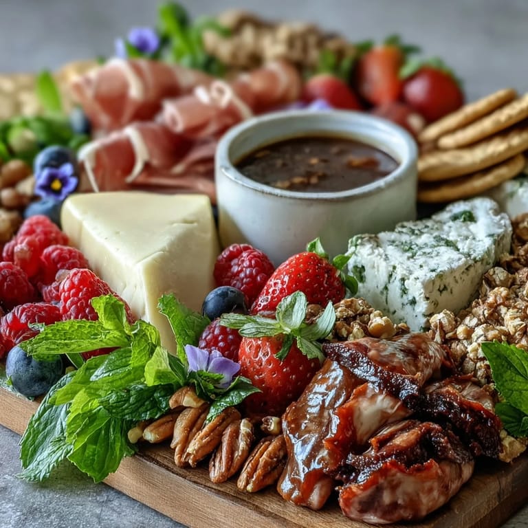 Fresh and beautiful charcuterie board with seasonal fruits, delicate edible flowers, and a variety of cheeses and meats.