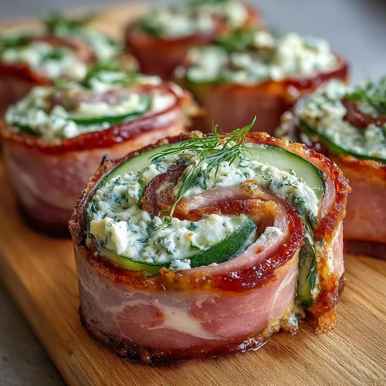 Bite-sized ham and pickle pinwheels with smooth cream cheese, ideal for quick, gluten-free party snacks or gatherings.