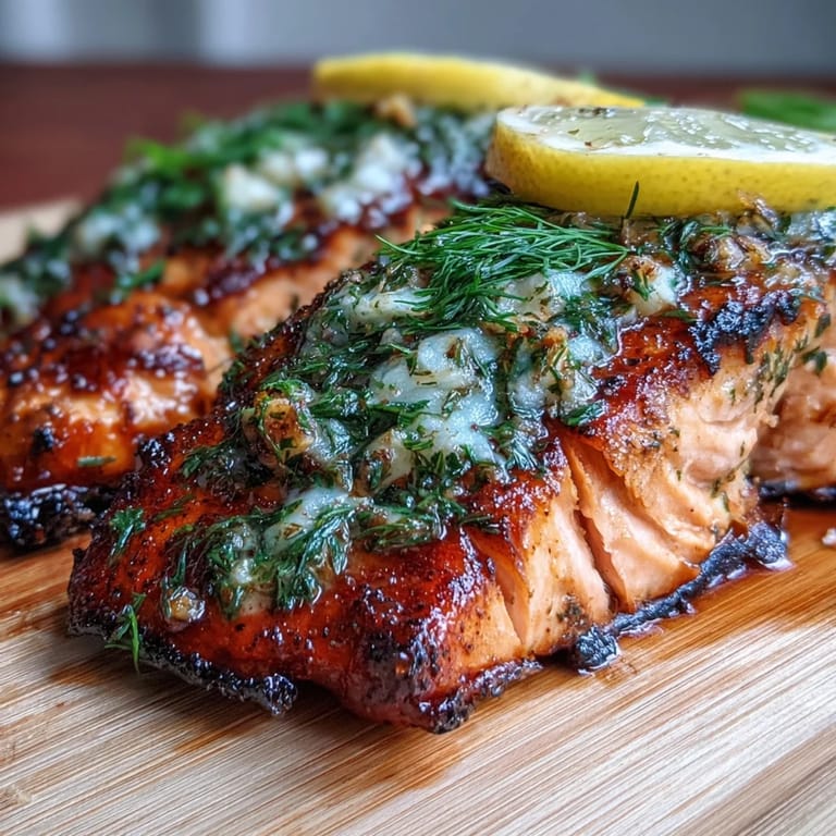 Grilled Cedar Plank Salmon with Garlic Dill, skin-on fillets infused with herbs, served on crackling cedar for bold, smoky flavor.