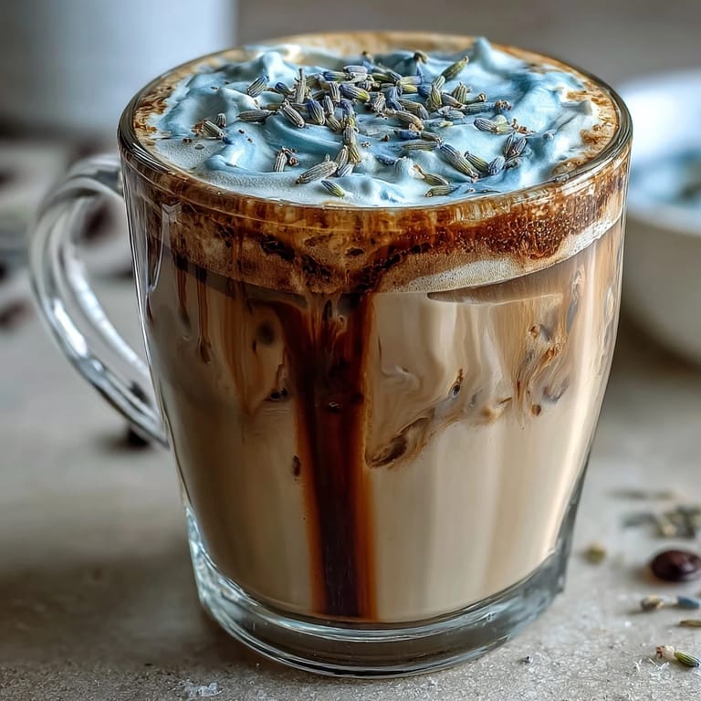 Floral lavender oat milk latte, a soothing dairy-free coffee drink with hints of fragrant lavender and rich espresso.