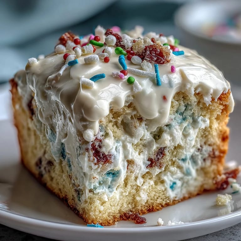 Festive funfetti cake layers, frosted generously with creamy dip, ready for parties.