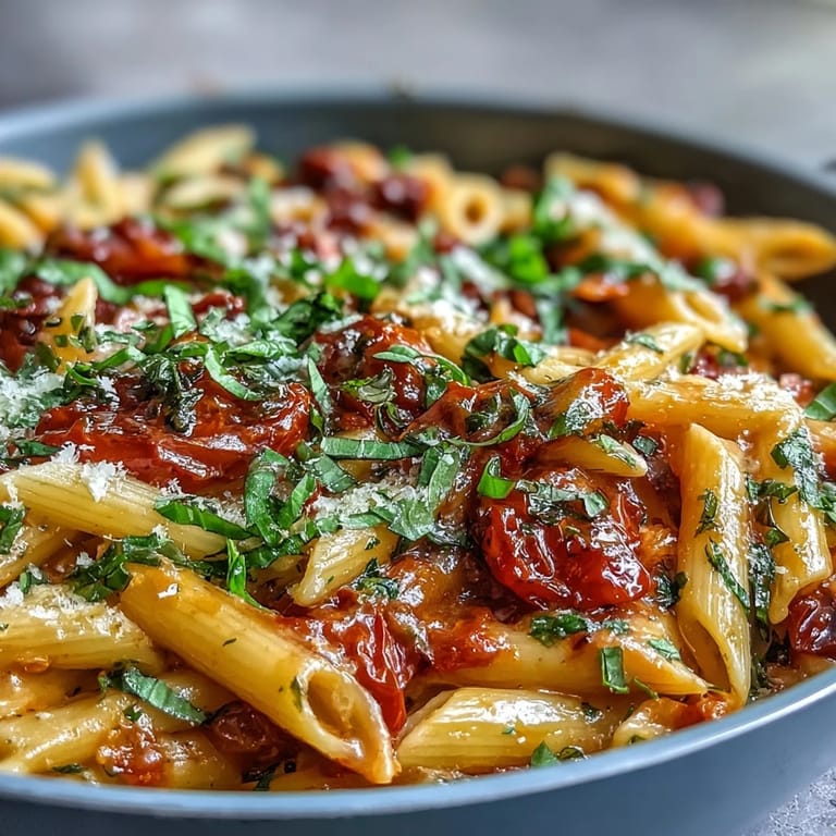 One-pot creamy tomato basil pasta, a comforting vegetarian meal studded with fresh basil.