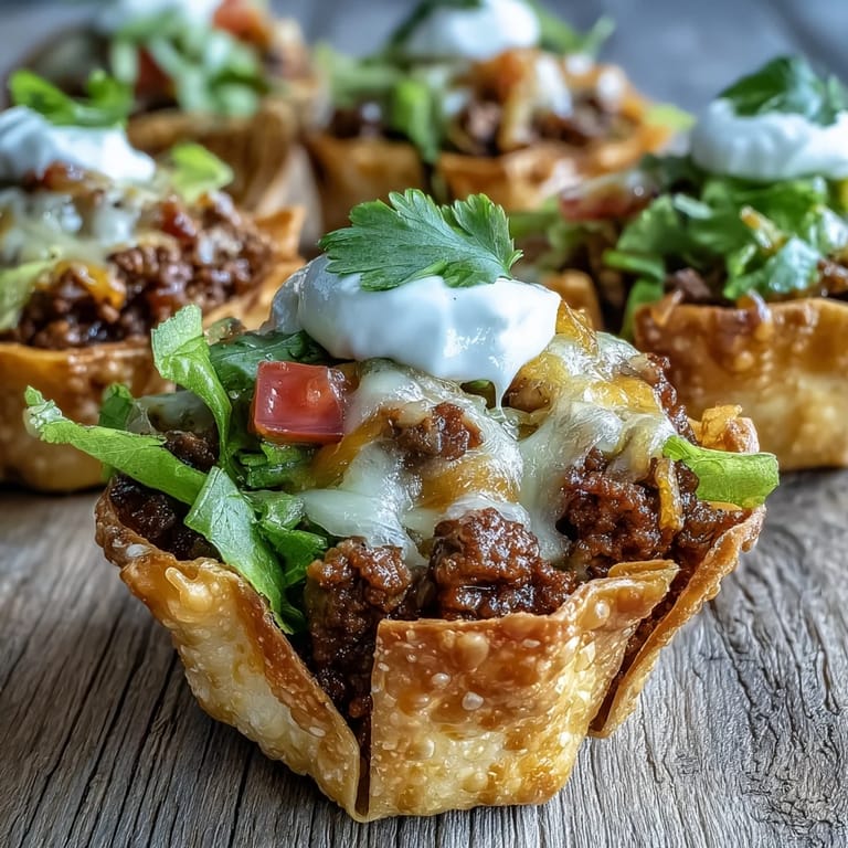 Crispy wonton taco cups overflowing with savory seasoned beef, baked golden.