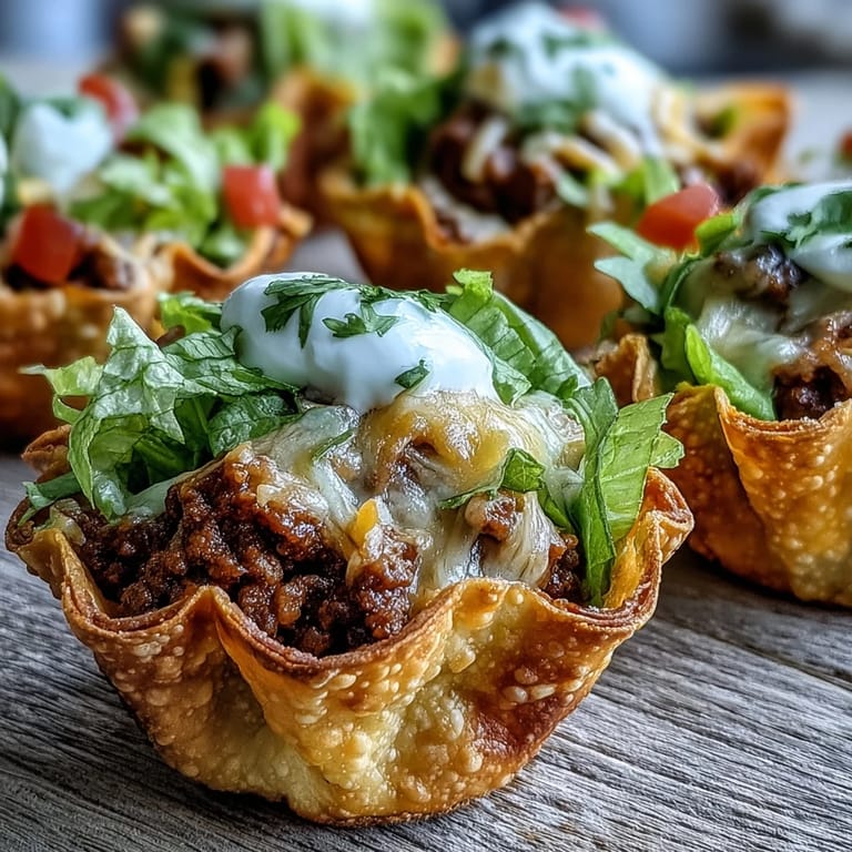 Delicious mini taco cups in wonton wrappers, topped with fresh ingredients.