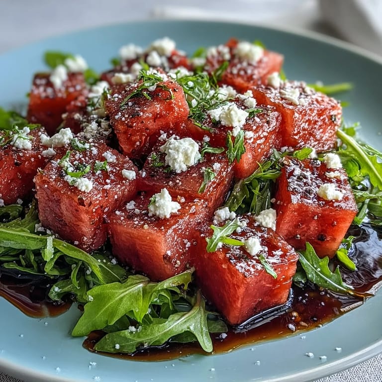 Juicy Watermelon Feta Arugula Salad, a refreshing dish, artfully arranged with cheese and greens.