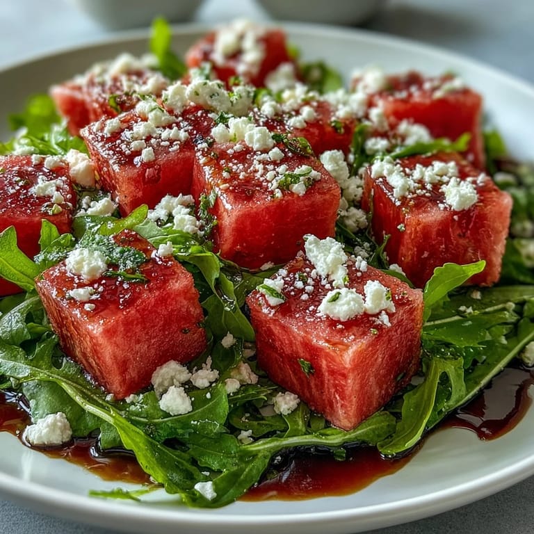 Enjoy this easy Watermelon Feta Arugula Salad, topped with a glossy balsamic reduction.