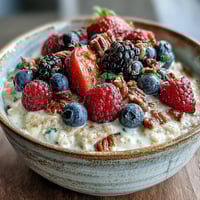 Creamy millet porridge topped with a vibrant mix of fresh berries, walnuts, and a sprinkle of chia seeds for a nourishing breakfast.