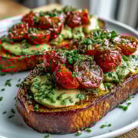Golden roasted sweet potato toast slices topped with sliced avocado, cherry tomatoes, and fresh herbs, served warm on a rustic wooden board.