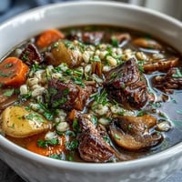 Steaming bowl of Vegetable Beef, Barley, and Mushroom Soup, featuring tender beef cubes, diced carrots, and fresh parsley garnish.