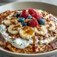 A warm Protein Pancake Bowl filled with fluffy banana-oat pancakes, topped with Greek yogurt, fresh berries, and crunchy nuts.