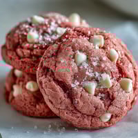 Freshly baked Pink Velvet Cookies on a cooling rack feature vibrant pink hues and melty white chocolate chips, ideal for festive gatherings.