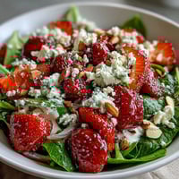 Fresh strawberry spinach salad with poppyseed dressing, topped with feta and toasted nuts, a perfect spring dish.  