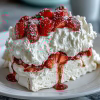 Crisp and chewy strawberry pavlova topped with billowy whipped cream and fresh strawberries, perfect for a stunning gluten-free dessert.