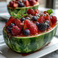 Vibrant watermelon carving board brimming with fresh berries and mint, a colorful summer fruit platter perfect for parties.