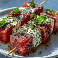 Refreshing watermelon feta mint skewers with juicy cubes and creamy cheese, perfect for summer parties and light appetizers.  