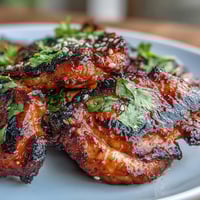 Grilled honey sriracha chicken thighs with a glossy, caramelized glaze and smoky char.