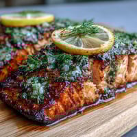 Cedar Plank Salmon with Garlic Dill glistens on a smoky cedar plank, fresh herbs and lemon slices adding aroma and color.