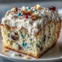 Joyful Spring Birthday Party Funfetti Dip Cake adorned with vibrant rainbow sprinkles.