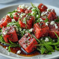 Vibrant Watermelon Feta Arugula Salad with balsamic drizzle, perfect for summer gatherings.